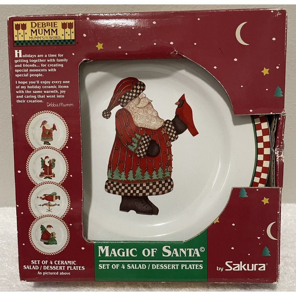 Sakura MAGIC OF SANTA 4 Salad Dessert Plates Vintage Debbie Mumm Checkered Edge